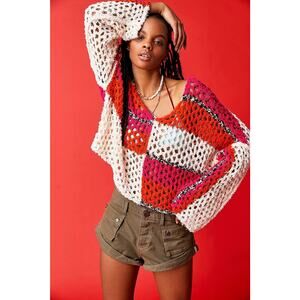 Free People Sail Away Sweater Open Knit Crochet Pullover Pink Red Cream Size S